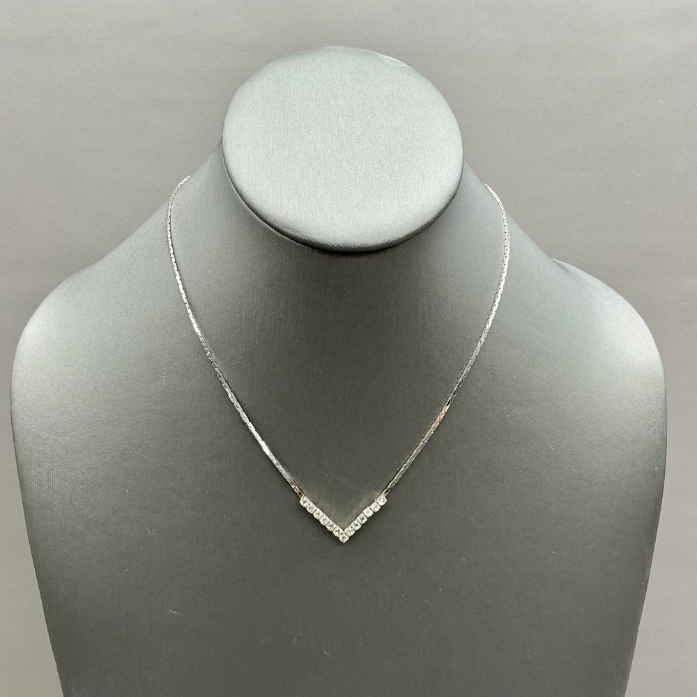 Necklace Women Silver Tone V-Shape Rhinestone Chevron Pendant Dainty Flat Chain